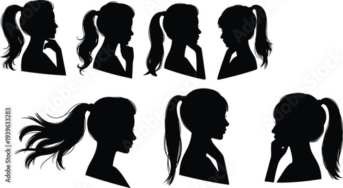 Female silhouettes collection, ponytail hairstyle, thoughtful poses, contemplative stances, hand near chin, shadow vector, fashion design, posture illustration, profile art
