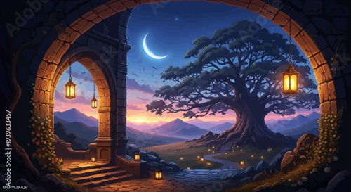 Fantasy landscape with tree, archway, and crescent moon at dusk