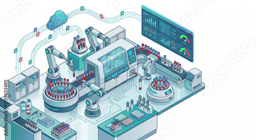 Isometric automated lab equipment analyzing blood samples