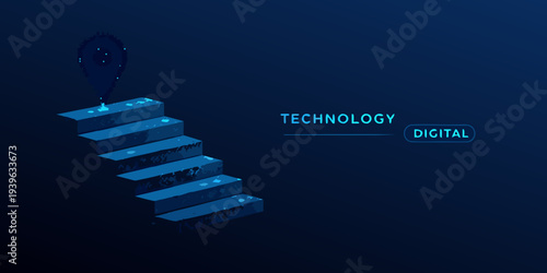 Abstract steps leading to a glowing point with technology and digital text