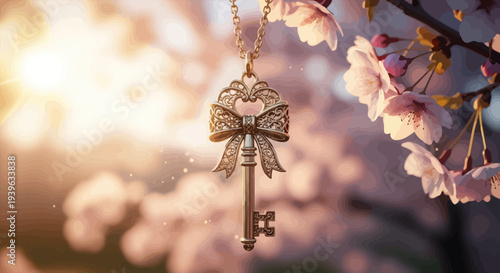 Gold key with heart and bow pendant on chain with cherry blossoms