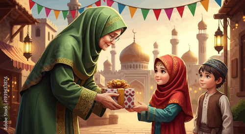 Vector illustration of Muslim family celebrating Eid, woman giving gift to girl, boy standing beside, colorful background with mosque and decorations