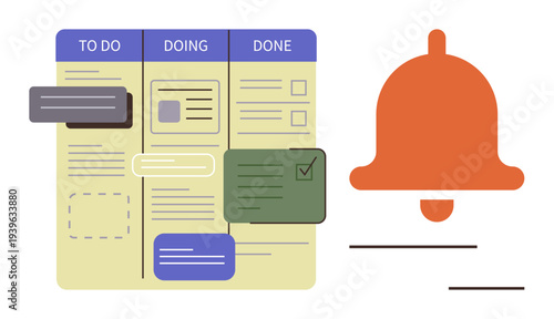 Project management, workflow organization, productivity tracking, task notifications, business planning, team collaboration. Kanban board with tasks and notification bell. Project management