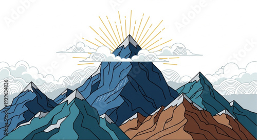 Majestic Mountain Peak with Radiant Sunburst Illustration.