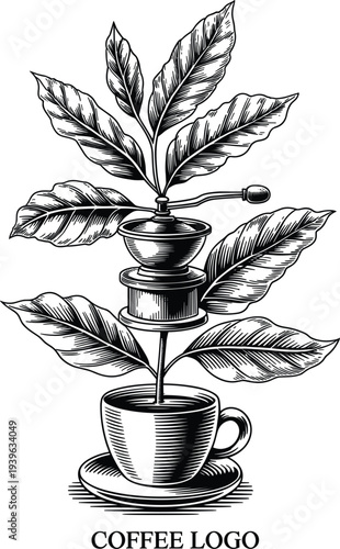 Vintage coffee logo with hand drawn engraving style grinder, coffee plant leaves, and ceramic cup