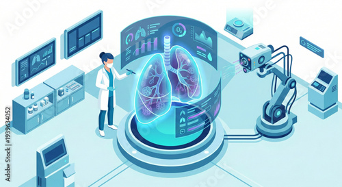 Isometric doctor and AI robot analyzing 3D holographic lungs