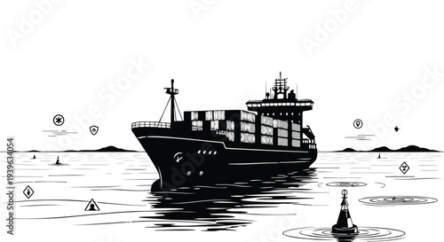 Container ship silhouette on ocean waves vector illustration