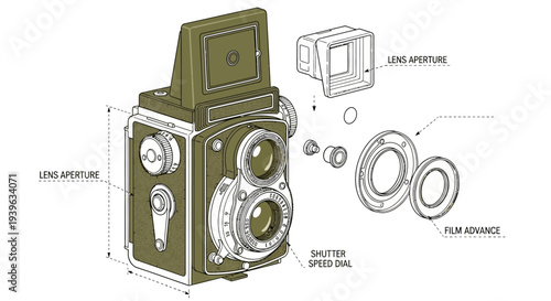 Vintage Camera Illustration with Lenses and Parts.