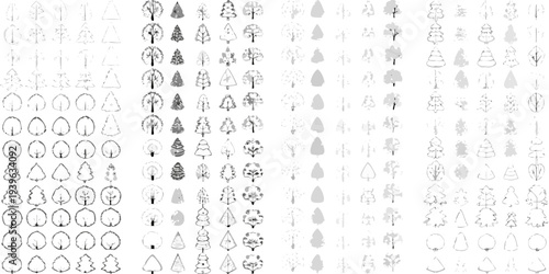 Collection of various sketched tree shapes and foliage in grayscale