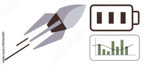 Energy innovation, progress, technology, business growth, sustainable power, and data analysis. Rocket launch, battery indicator and performance graph. Energy innovation and progress concept