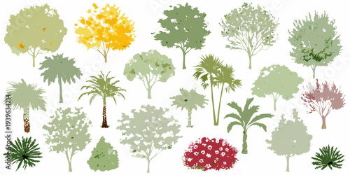 Collection of diverse tree and shrub silhouettes against a white background