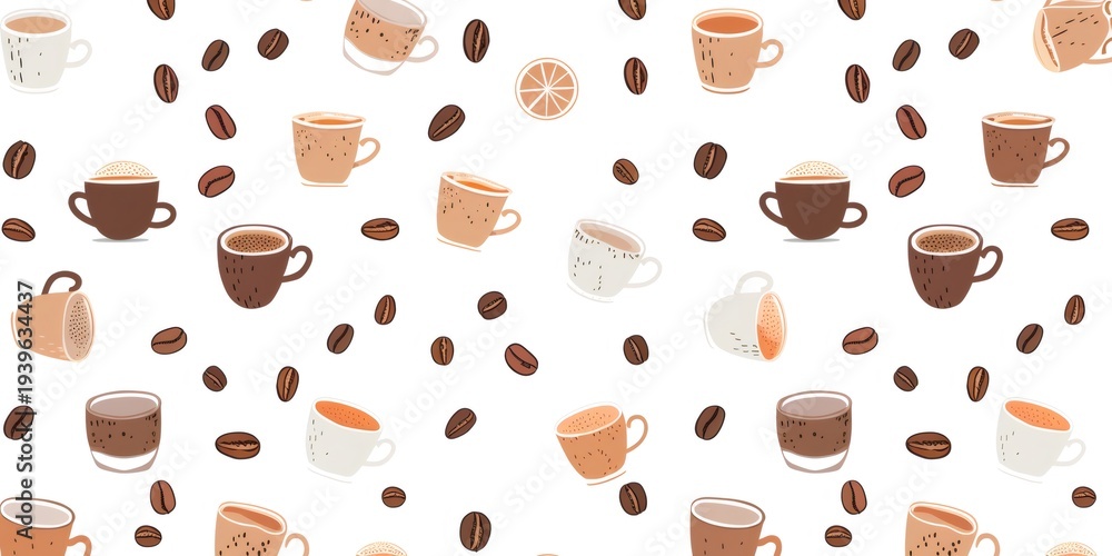 Obraz premium Coffee cups and beans pattern on white background