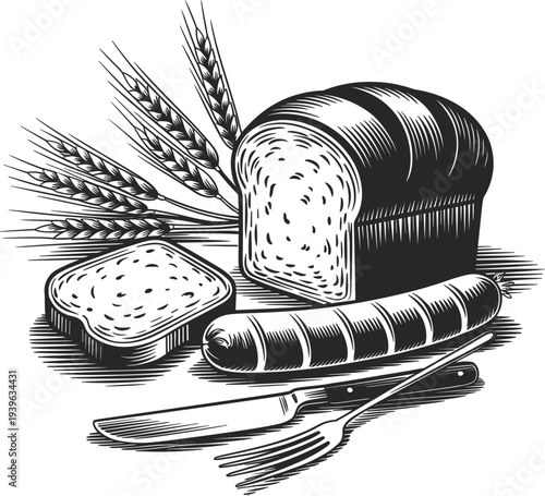 Rustic woodcut bakery bread loaf with wheat stalks sausage and cutlery for farm kitchen restaurant logo