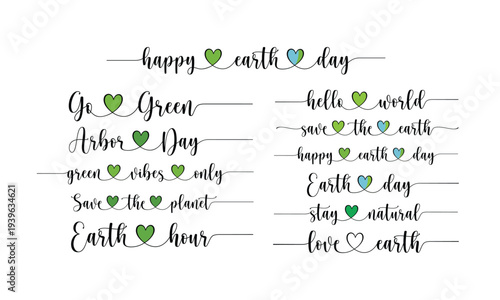 Earth Day phrase Continuous one line calligraphy collection minimalistic handwritten set with heart symbol on white background