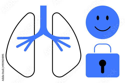 Health illustration. Health through lungs, happy face, and padlock symbols. Health combines happiness, well-being, and security. For medical, lifestyle wellness protection and healthcare concepts