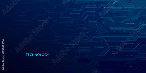 Abstract blue background with circuit board lines and the word technology