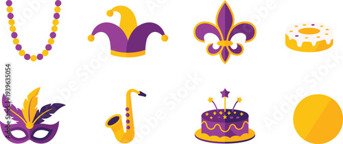 Mardi Gras carnival icon collection with beads, jester hat, fleur de lis, mask, saxophone and cake festive celebration elements isolated