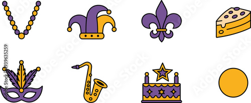 Mardi Gras carnival icon set with beads, jester hat, fleur de lis, mask, saxophone and cake festive celebration symbols isolated