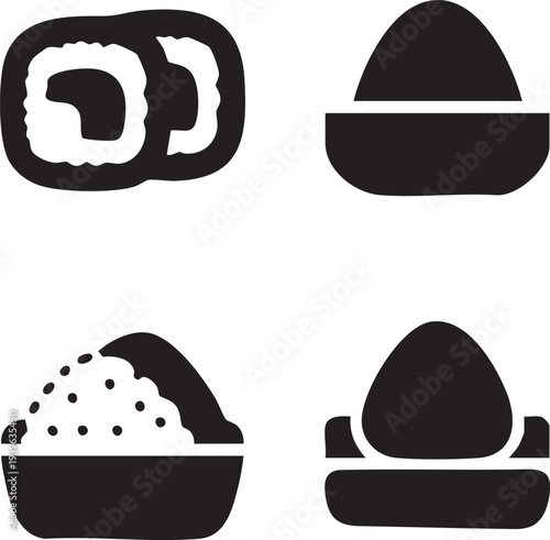 Sushi and Onigiri Silhouettes Set - Maki Rolls Rice Balls Icons Vector Isolated on White