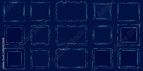 Collection of glowing fractured rectangular frames against a dark background