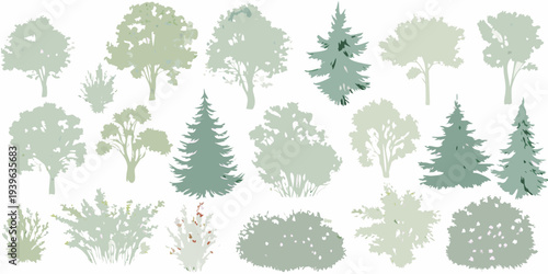 Collection of stylized trees and bushes in muted green tones
