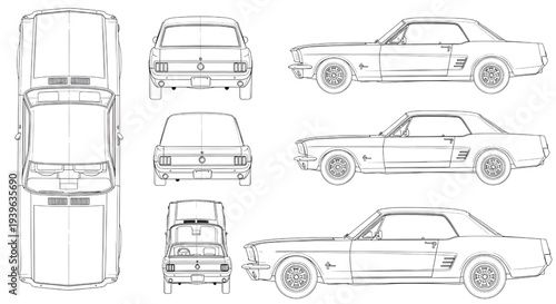 Classic Muscle Car AutoCAD Blueprint Vector – Multi View Vintage Automotive Technical Drawing