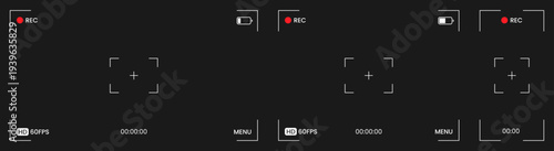 Security viewfinder camera overlay set. Isolated white camera screen interface frame collection on black background. Surveillance webcam, TV or phone empty camera focus footage. Vector illustration.