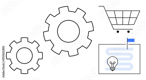 Business strategy. Gears, shopping cart, and light bulb process optimization, innovation, and goal setting in business strategy. Perfect for teamwork, e-commerce, planning development and project