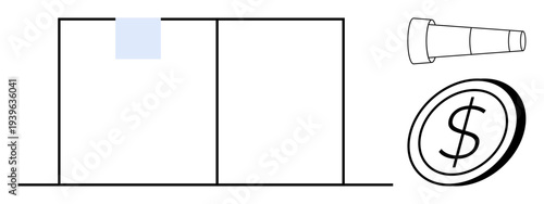 Financial planning, investment strategy, economy, corporate vision, global market, foresight. Minimalist design with a telescope, dollar symbol and divided chart. Financial planning and investment