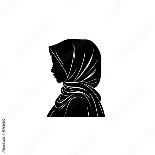 "A minimalist black and white vector silhouette of an elegant woman wearing a stylish abaya and hijab walking gracefully while carrying a luxury handbag, enclosed within a delicate circular wreath mad