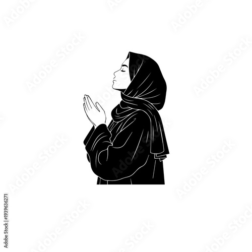 "A minimalist black and white vector illustration of an elegant woman wearing a flowing abaya and hijab walking gracefully with a handbag, enclosed within a delicate circular wreath of floral vines an