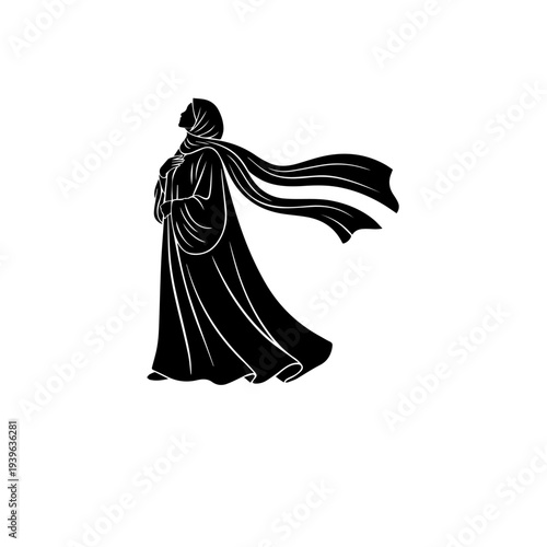 "A minimalist black and white vector illustration of an elegant woman wearing a flowing abaya and hijab walking gracefully with a handbag, enclosed within a delicate circular wreath of floral vines an