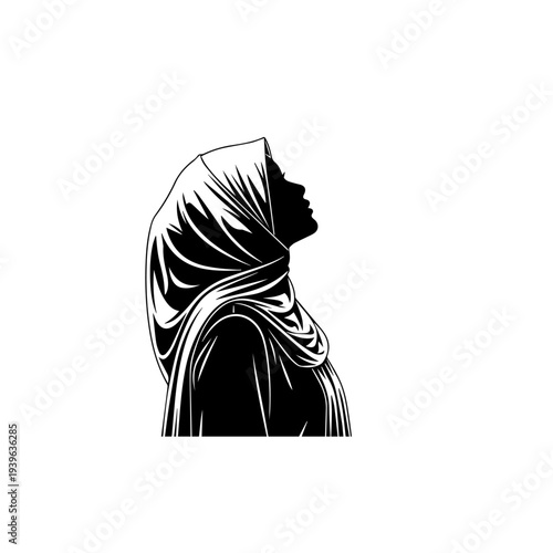 "A minimalist black and white vector illustration of an elegant woman wearing a flowing abaya and hijab walking gracefully with a handbag, enclosed within a delicate circular wreath of floral vines an