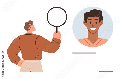 Identity verification, online security, user authentication, personal profile, biometrics, digital identity. A person holding a magnifying glass and a profile picture featured. Identity verification