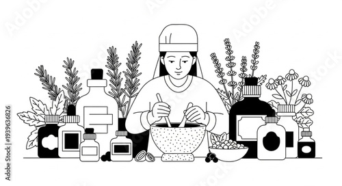 Woman preparing herbal medicine in a mortar with various bottles around.