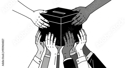 Hands surrounding a ballot box, symbolizing voting and democracy in elections.
