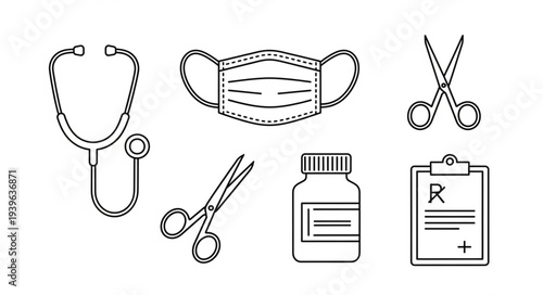 Medical equipment illustration - stethoscope, mask, scissors, prescription, and medicine bottle.