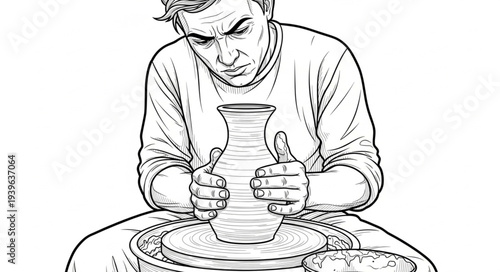 Potter intently shaping clay vase on a pottery wheel, focused craft.