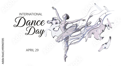 International Dance Day celebration with elegant ballerina illustration.