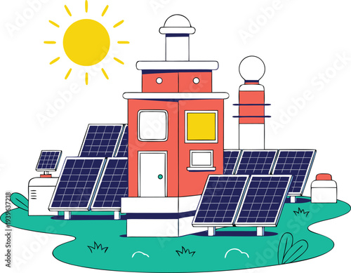 Solar power station with sun, lighthouse like building and many solar panels on green grass represents renewable energy