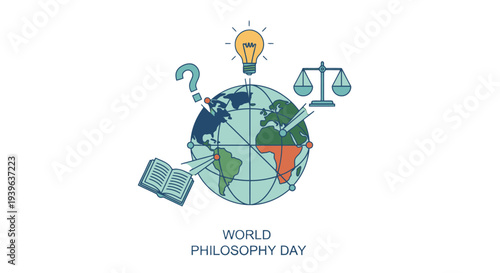World Philosophy Day illustration with global thinking symbols.