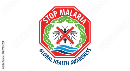 Stop Malaria Global Health Awareness Logo with Mosquito Illustration.