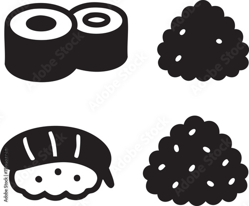 Sushi and Onigiri Silhouettes Set - Maki Nigiri Rice Balls Icons Vector Isolated on White