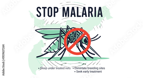 Stop Malaria Awareness Poster with Mosquito Illustration.