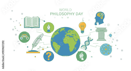 World Philosophy Day celebration with global and intellectual symbols.