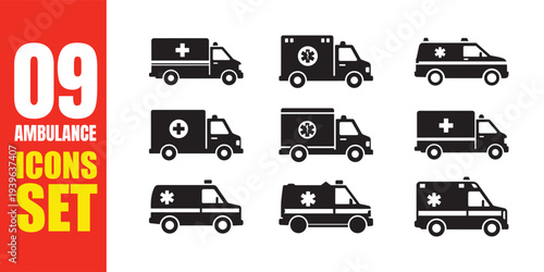 Ambulance Icon Set: 9 Emergency Medical Vehicle Vector Silhouettes for Healthcare and First Response Design