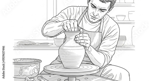 Potter meticulously shaping clay vase on spinning pottery wheel with focused concentration.