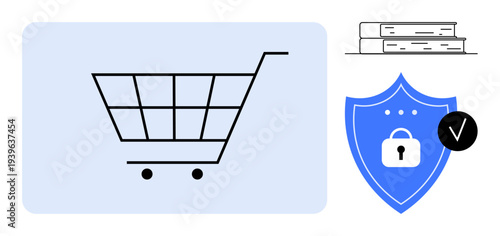 Online shopping concept. Illustration shows secure online shopping with a cart icon and shield lock symbol. Online shopping ensures safety in transactions and digital commerce. Perfect