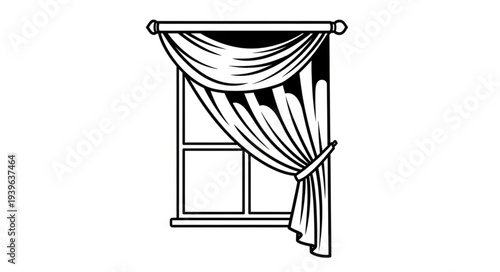 Elegant window with draped curtains and a decorative rod, creating a stylish interior design element.