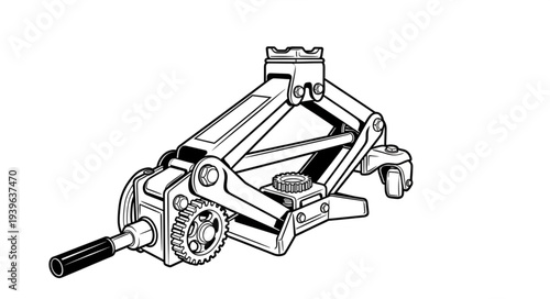 Detailed illustration of a mechanical scissor jack for vehicle maintenance and repair.